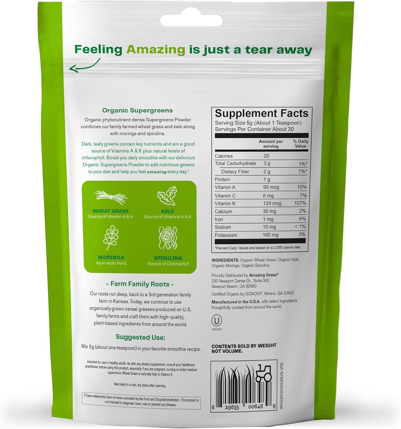 Amazing Grass Super Greens Booster: Greens Powder Smoothie Mix with Spirulina, Moringa, Wheat Grass & Kale Smoothie Booster, Chlorophyll Providing Greens, 30 Servings