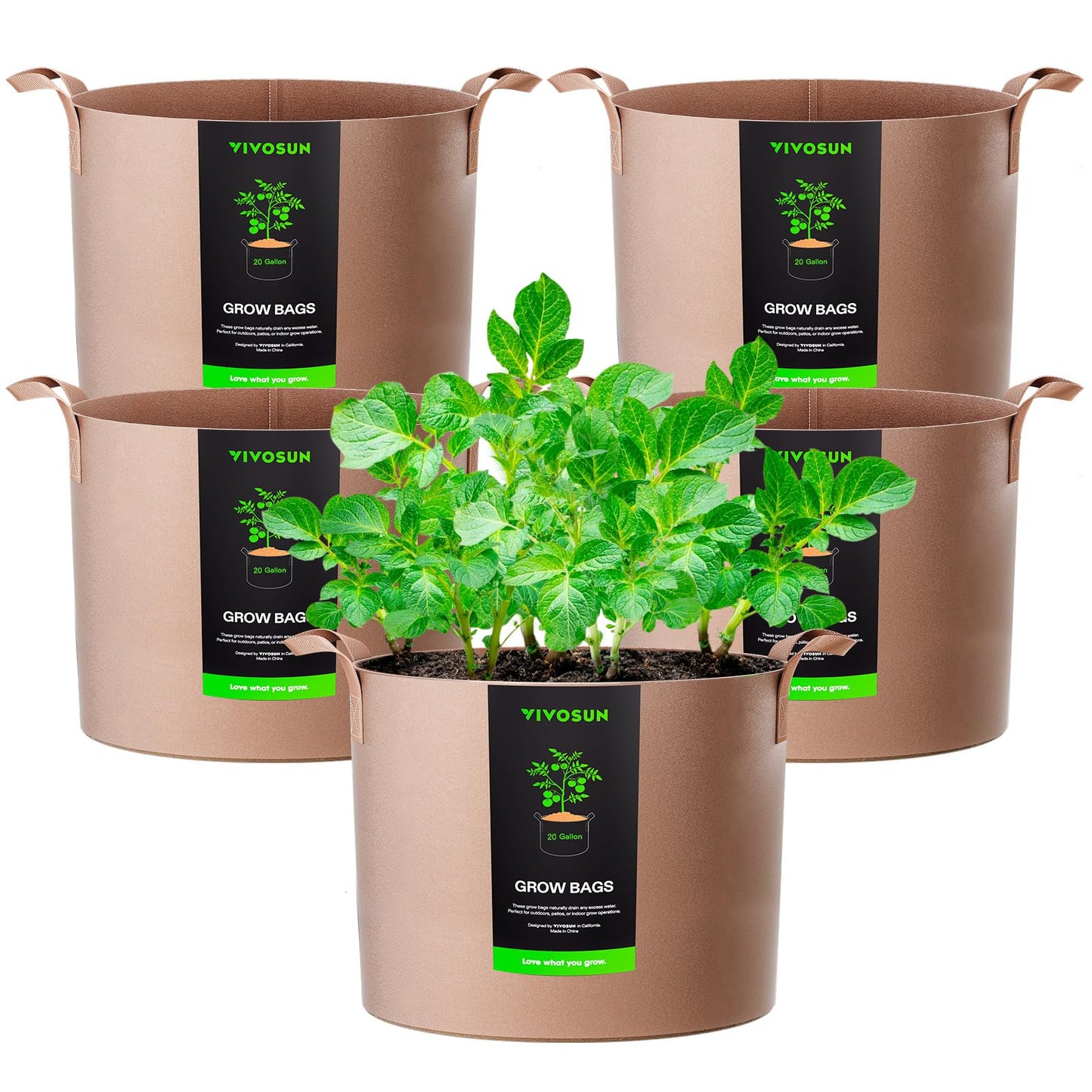 VIVOSUN 5-Pack 5 Gallon Grow Bags Heavy Duty 300G Thickened Nonwoven Plant Fabric Pots with Handles