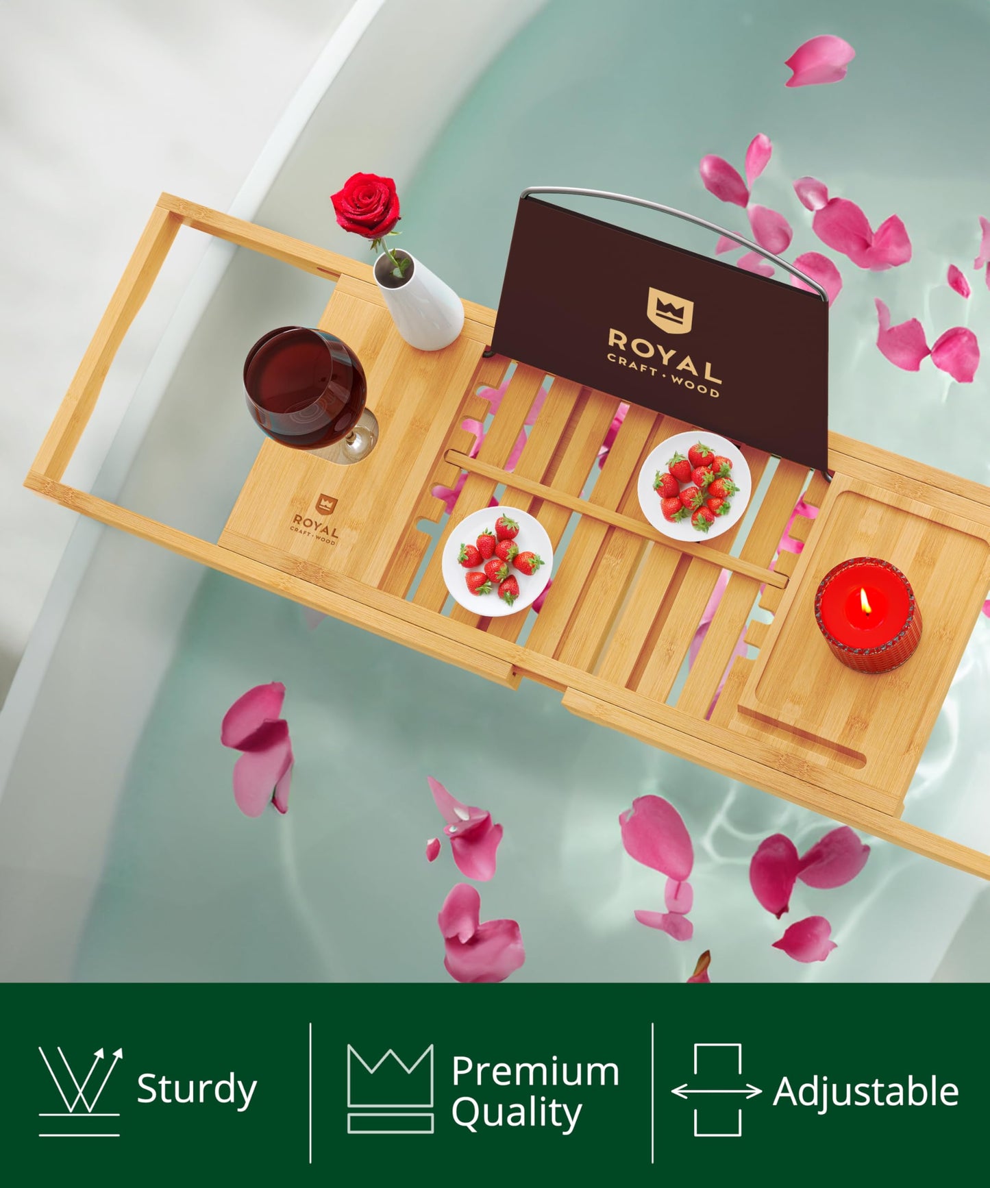 ROYAL CRAFT WOOD Premium Foldable Bathtub Tray - Wood Bath Tray for Tub, Bamboo Shelf, Expandable Bath Table Trays, Bathtub & Bathroom Accessories for New Home & Mothers Day & Birthday Gifts for Mom