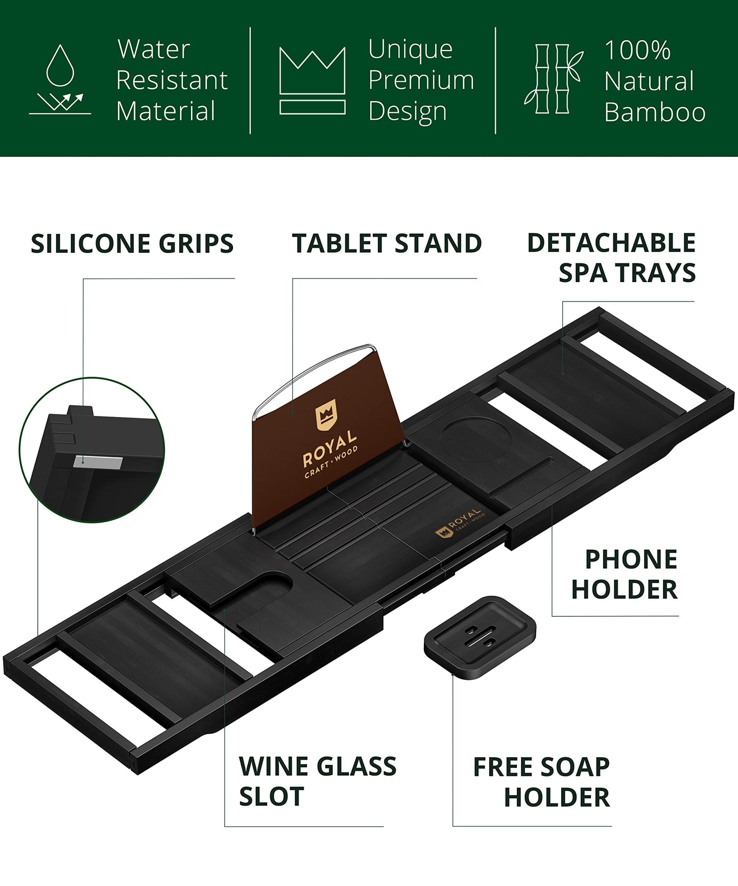 ROYAL CRAFT WOOD Premium Foldable Bathtub Tray - Wood Bath Tray for Tub, Bamboo Shelf, Expandable Bath Table Trays, Bathtub & Bathroom Accessories for New Home & Mothers Day & Birthday Gifts for Mom
