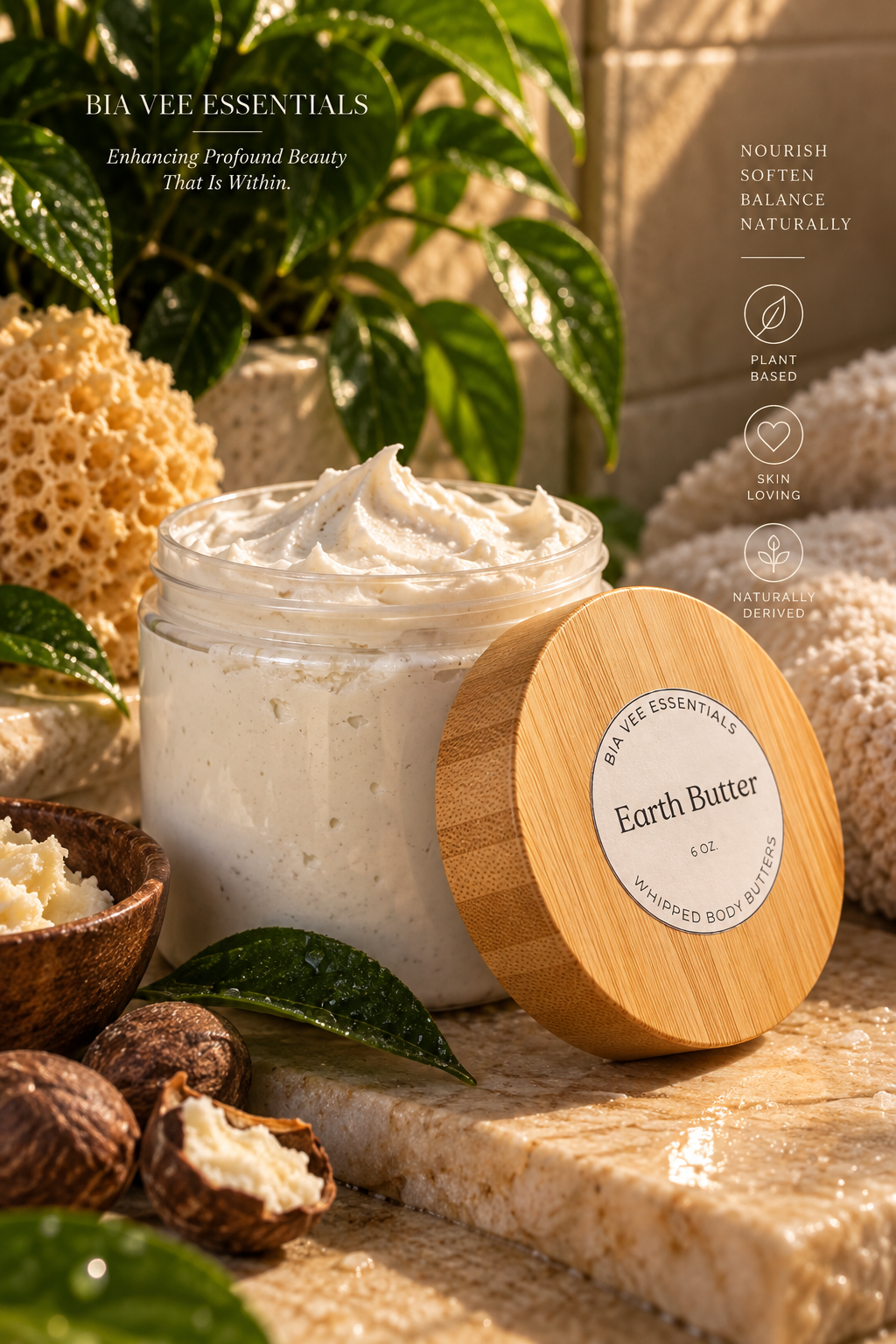A jar of whipped body butter with its bamboo lid leaning beside it on a stone surface, surrounded by natural props including leaves, honeycomb, walnuts, and a soap dish. The label reads 'BAVEE ESSENTIALS' and 'Earth Butter.