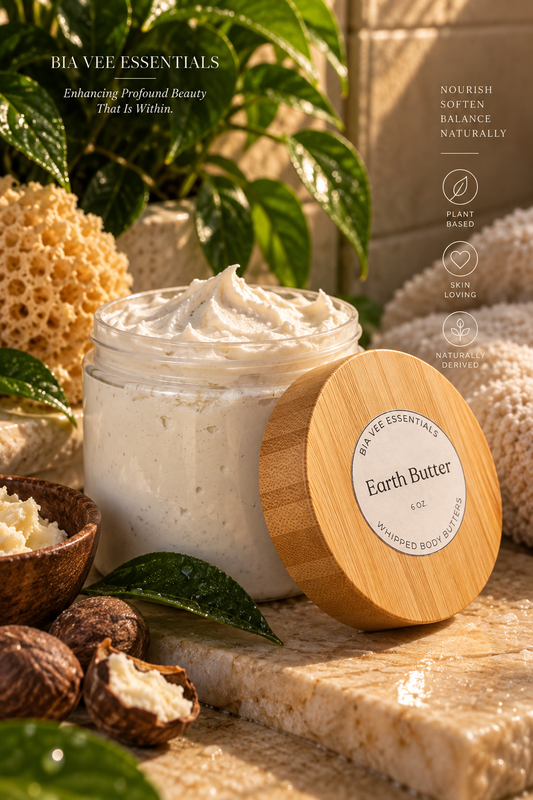 A jar of whipped body butter with its bamboo lid leaning beside it on a stone surface, surrounded by natural props including leaves, honeycomb, walnuts, and a soap dish. The label reads 'BAVEE ESSENTIALS' and 'Earth Butter.