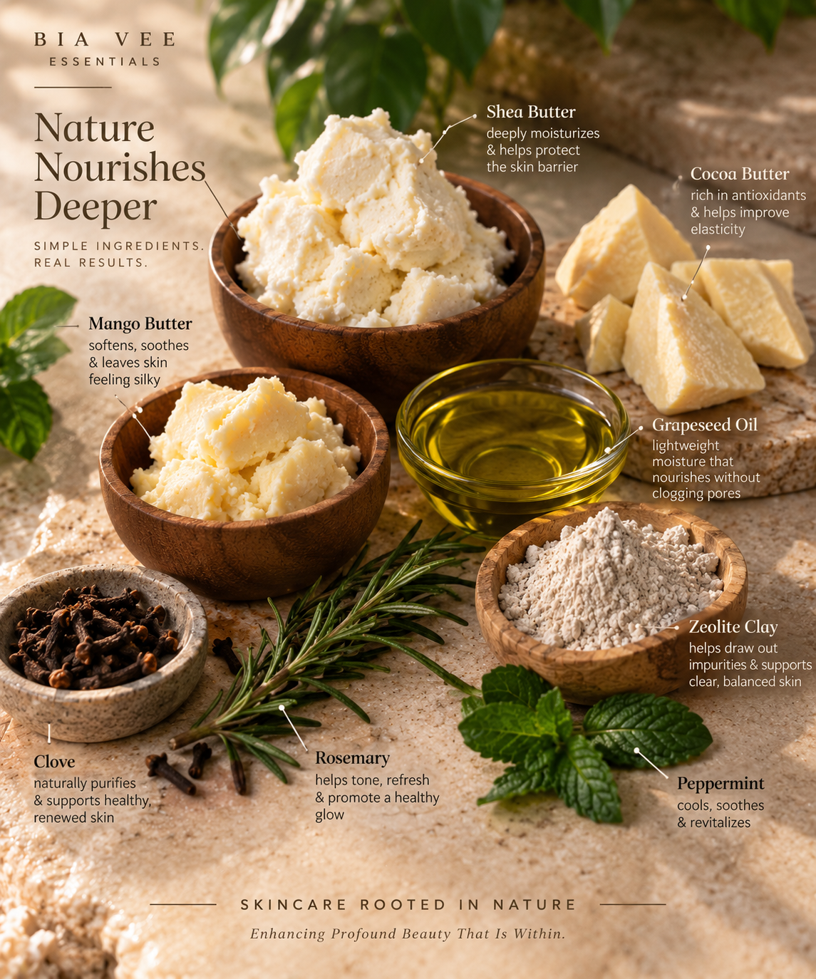 A styled skincare ingredient flat lay on a beige stone surface, featuring bowls of shea butter, mango butter, cocoa butter, and zootile clay powder, a small bowl of golden oil, rosemary, cloves, and peppermint leaves. Text labels identify each ingredient, with the brand name BIA VEE ESSENTIALS visible at the top.