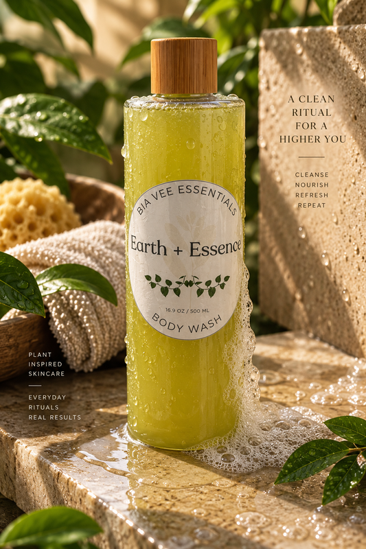 A bottle of Bia Vee Essentials Earth + Essence body wash stands on a stone surface with water, soap foam, green leaves, and natural props around it. The bottle is translucent yellow-green with a bamboo-style cap and a white oval label.