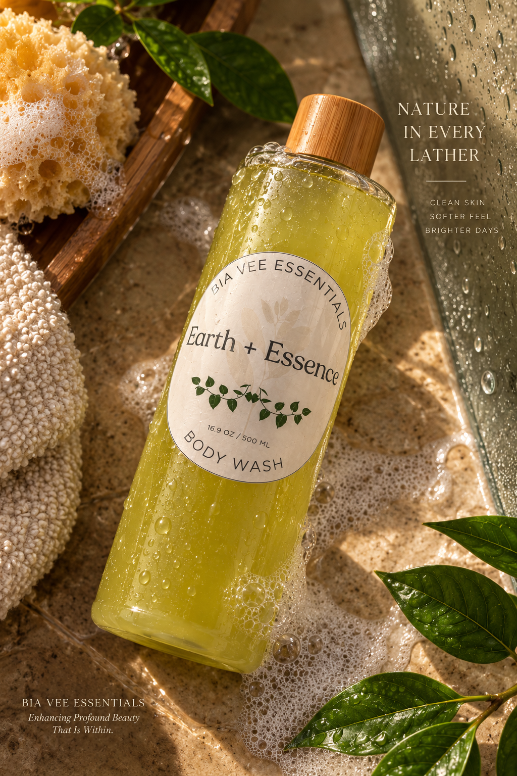 A bottle of Bia Vee Essentials Earth + Essence body wash filled with yellow-green liquid soap, styled on a stone surface with soap foam, green leaves, a sponge, and a textured panel in a natural outdoor setting.