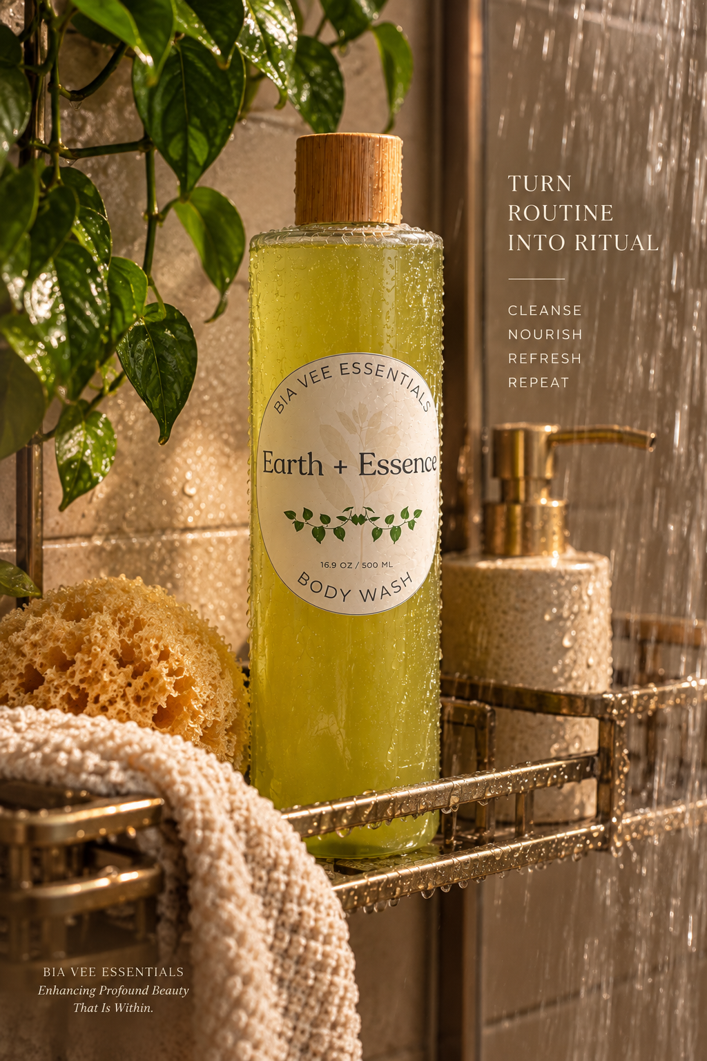 A bottle of Earth + Essence body wash by Bia Vee Essentials stands on a bathroom shelf, filled with yellow-green liquid and topped with a natural wood cap. The scene includes a beige towel, a sponge, a soap dispenser, and green leaves against a warm, rustic shower background with overlaid text.
