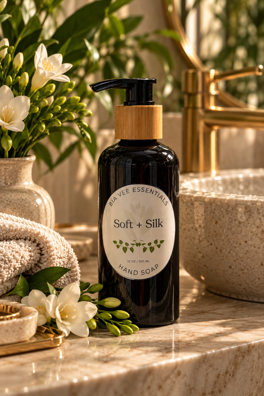 A bottle of Bia Ver Essentials Soft + Silk hand soap with a bamboo pump and black bottle, styled on a marble countertop with a gold faucet, white flowers, and a folded towel.