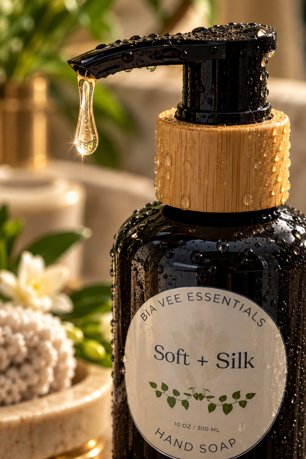A close-up of a hand soap bottle labeled 'BIA VEE ESSENTIALS Soft + Silk HAND SOAP,' with a black pump, bamboo collar, water droplets, and a single hanging drop of golden liquid soap. The bottle is set in a softly blurred spa-like environment with greenery and bath accessories.