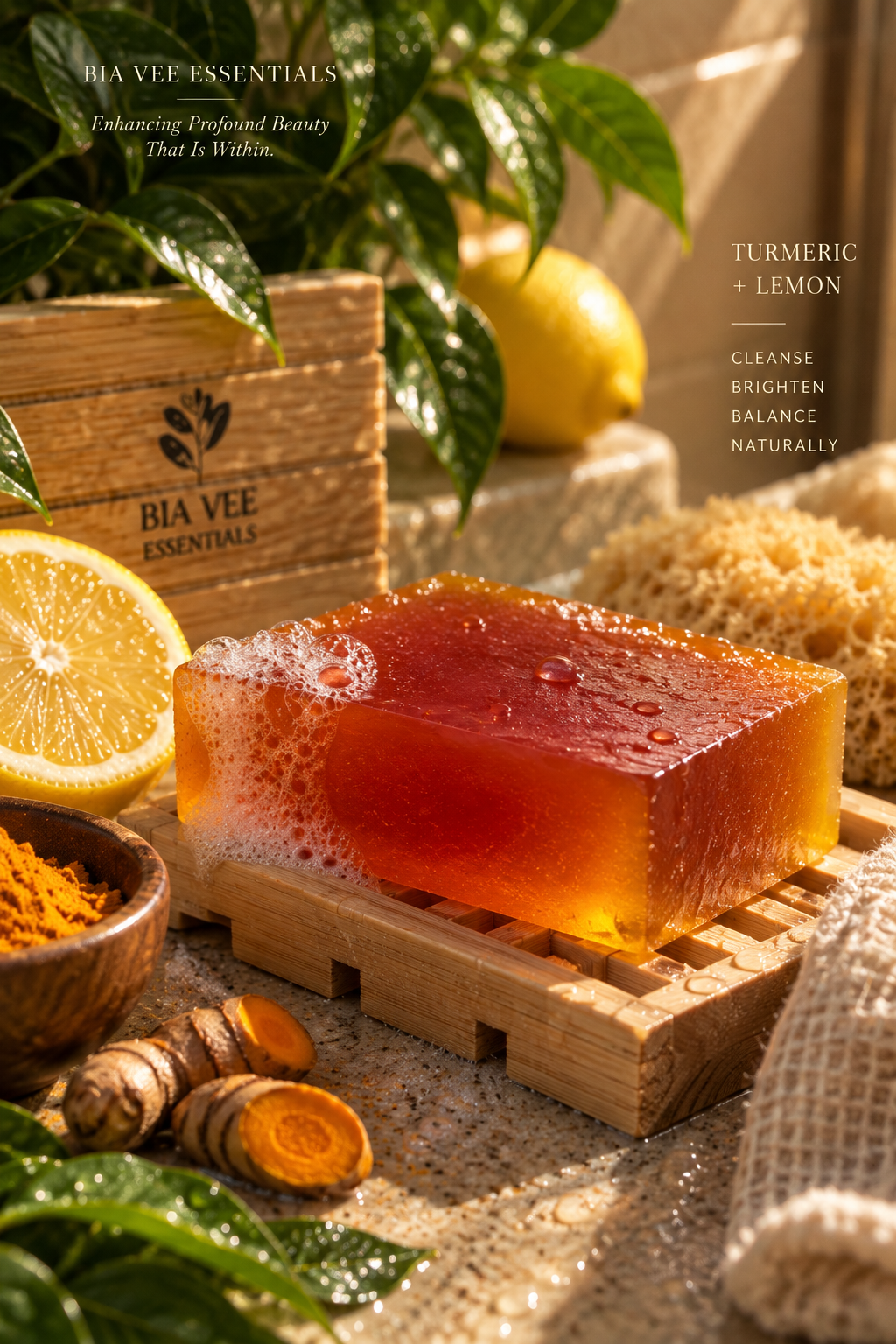 A rectangular bar of translucent amber-orange soap sits on a wooden soap dish, surrounded by lemons, turmeric roots, leaves, and a branded Bia Vee Essentials box in a styled natural setting.