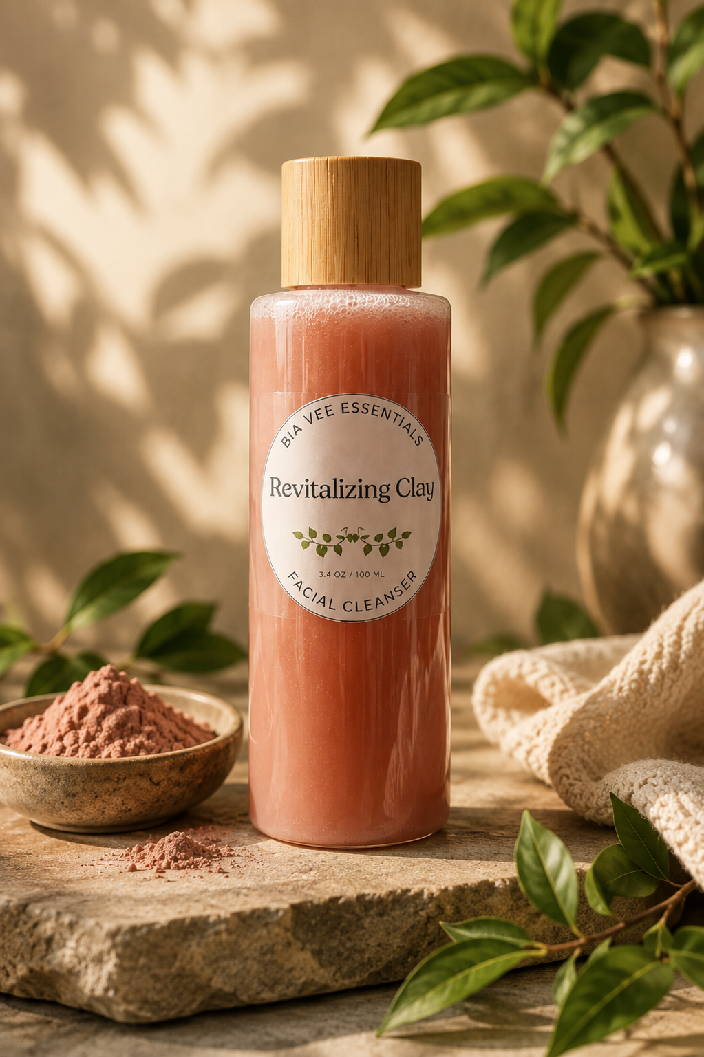A bottle of Revitalizing Clay facial cleanser stands on a stone surface with a small bowl of clay powder beside it. The bottle contains a soft pink cleanser and has a light wood cap.