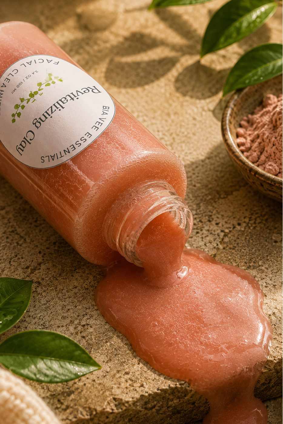 A clear bottle of Bia Vee Essentials Rejuvenating Clay Facial Cleansing Gel lies on its side on a textured stone surface, with the pinkish clay gel pouring out onto the stone. Green leaves and a small bowl of clay powder are arranged around it.