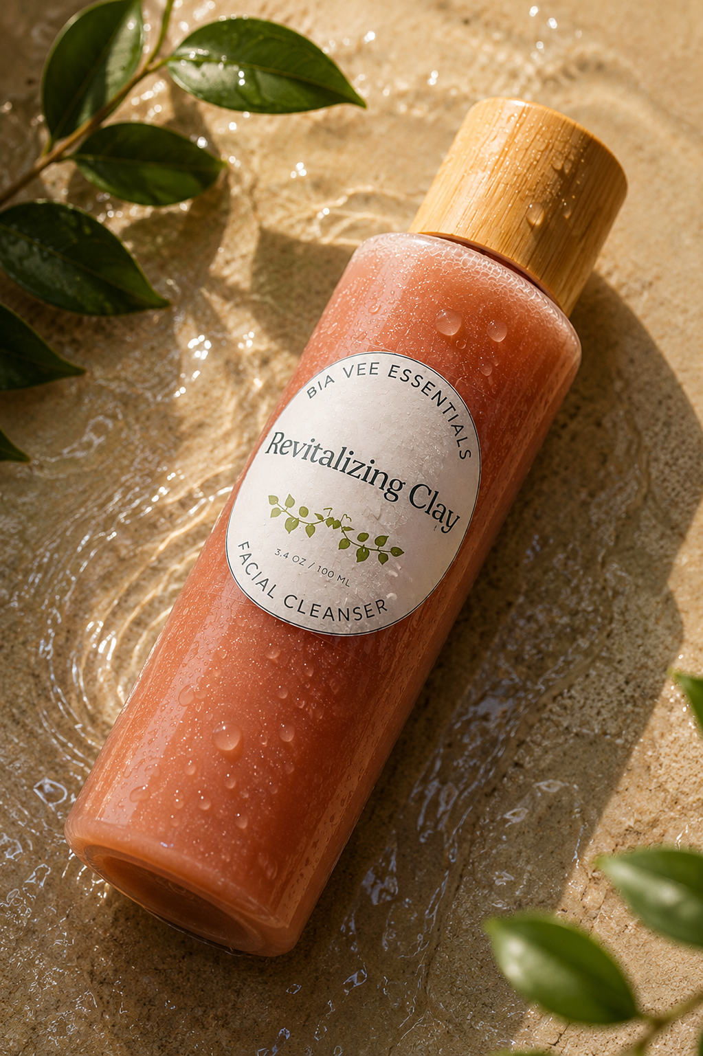 A bottle of Revitalizing Clay Facial Cleanser by Bio Vee Essentials, filled with a soft pink clay scrub and topped with a bamboo cap, lying on wet sand with water droplets and green leaves.