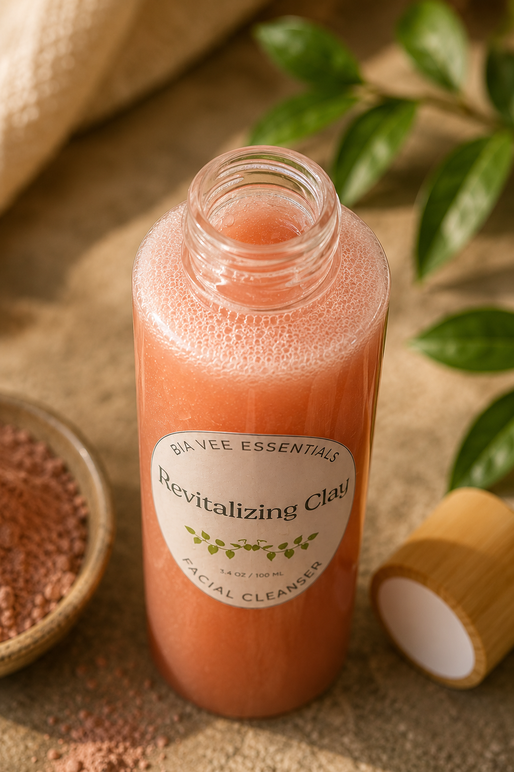 A clear glass bottle filled with pinkish clay cleanser, labeled 'Revitalizing Clay' by Bia Vee Essentials, styled on a rustic burlap surface with green leaves and a small bowl of French pink clay powder nearby.