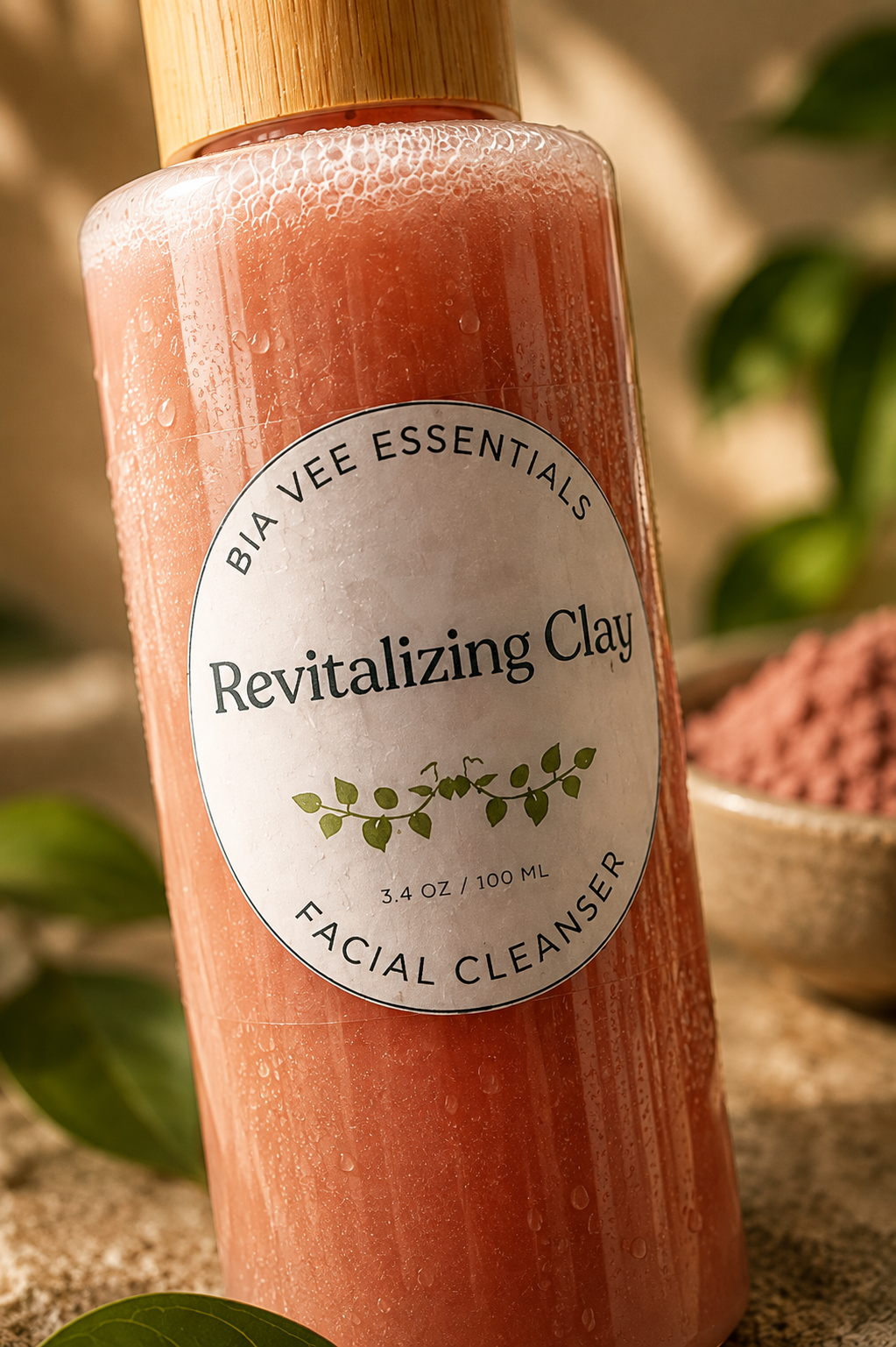 A close-up of a facial cleanser bottle labeled 'Revitalizing Clay by Bia Vee Essentials. The bottle contains a soft pink cleanser and has a light bamboo cap.