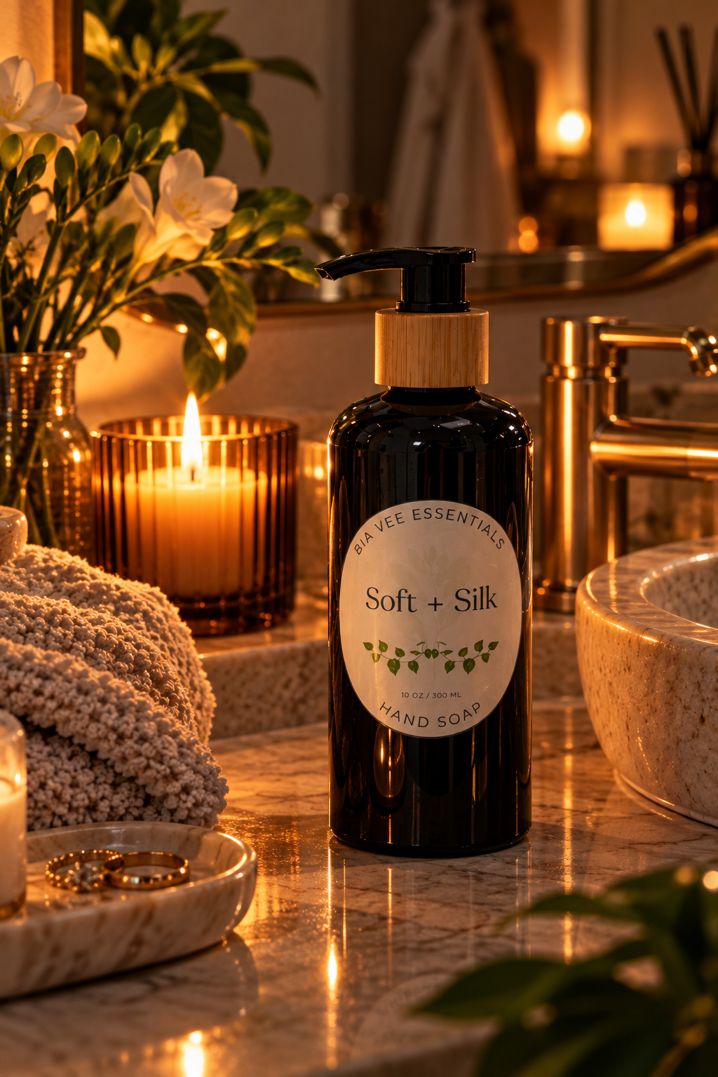 A black bottle of Essentials Soft + Silk hand soap stands on a bathroom counter beside a sink, with warm candles, flowers, and a towel in the background.