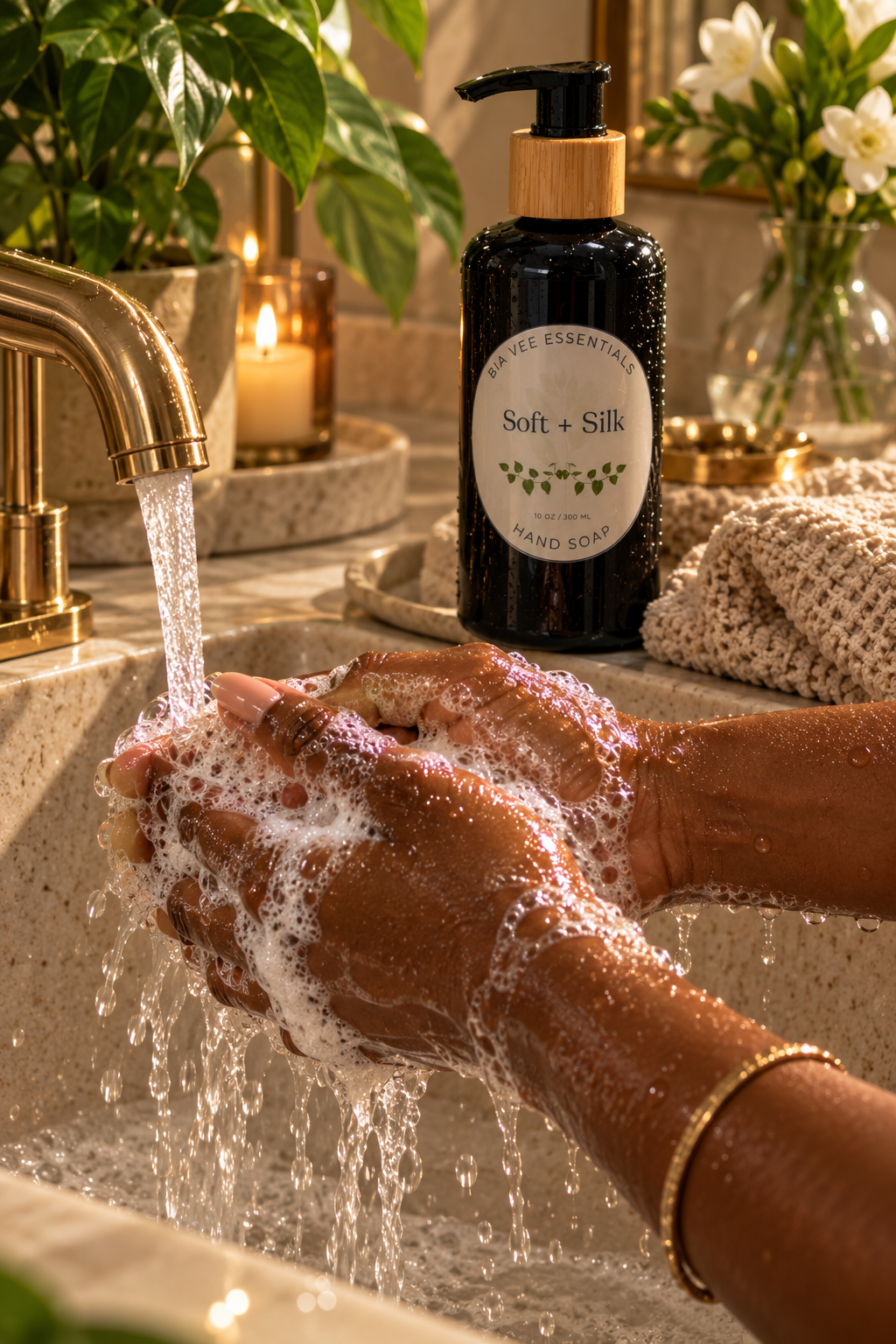 A person's hands lathered in soap foam under running water at a bathroom sink, with a bottle of Soft + Silk hand soap standing on the counter behind them.