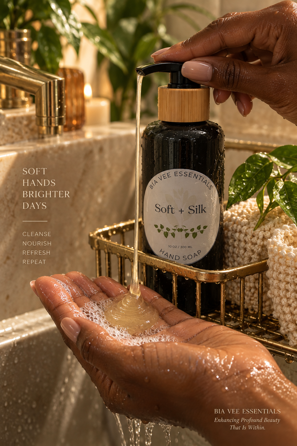 A hand holds a black pump bottle of Bia Vee Essentials Soft + Silk hand soap over a sink, with soap dripping into the other hand. The scene is set in a warm, luxurious bathroom with gold fixtures, a towel, and plants in the background.