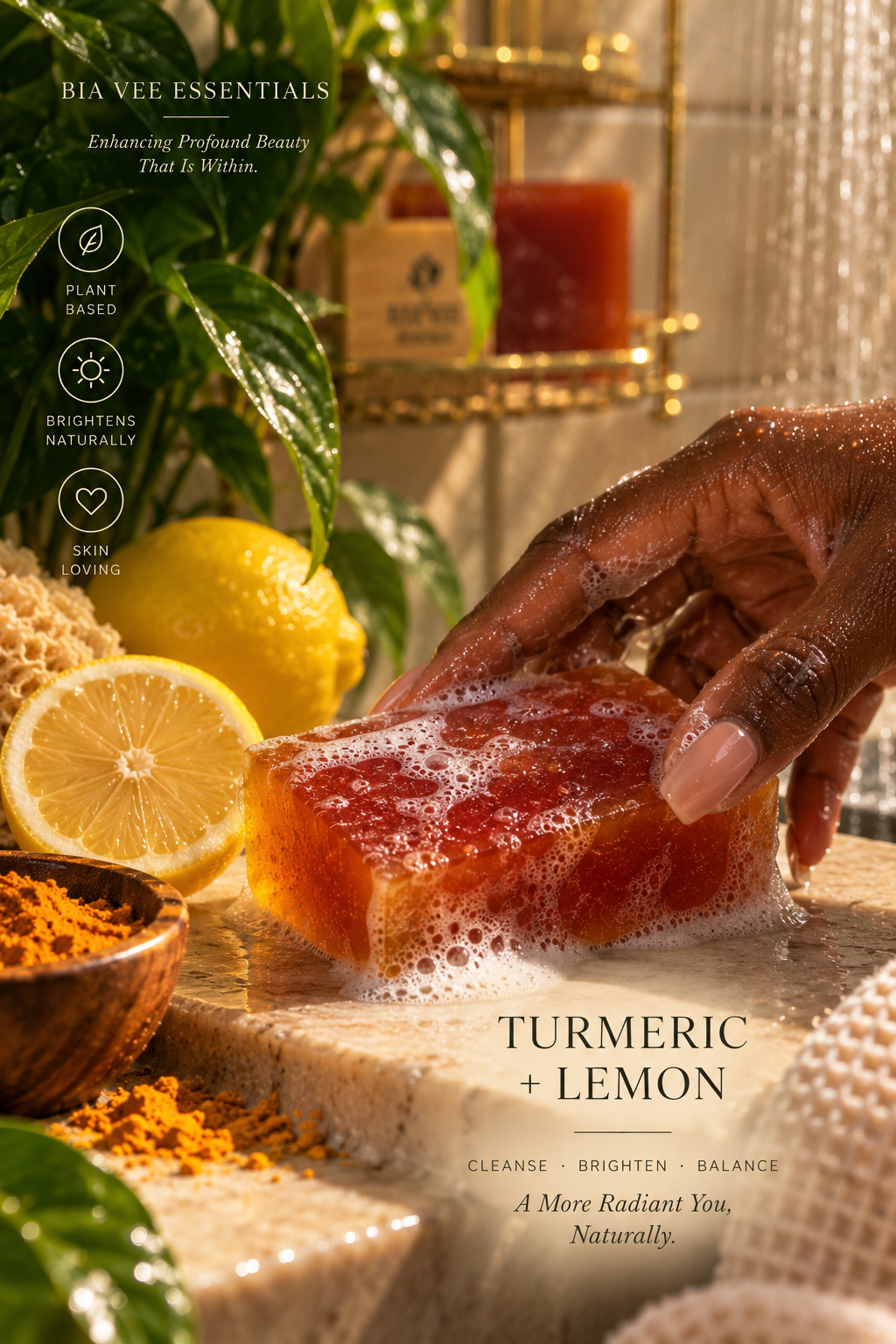 A hand holds a translucent orange-red soap bar labeled 'Turmeric + Lemon' in a styled bathroom scene with lemons, green leaves, a wooden bowl of orange powder, and soft natural light. Text on the image includes 'Bia Vee Essentials' and product claims.