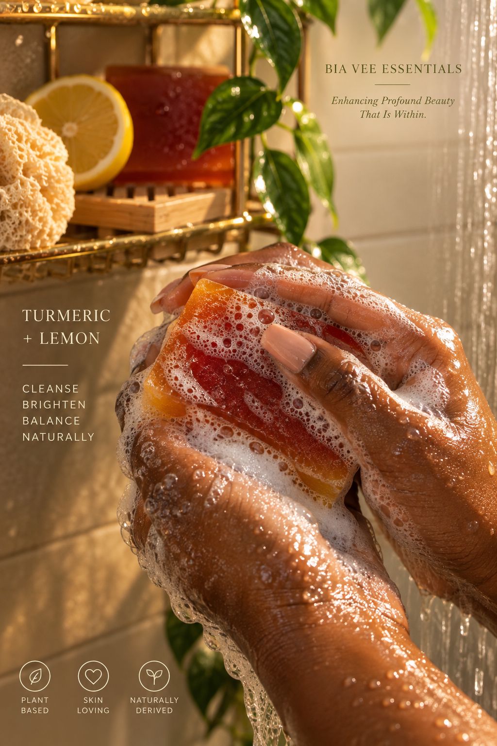 A person's hands lathering soap with a yellow and orange bar of soap in a shower setting. The scene features text overlays reading 'TUMERIC + LEMON', 'CLEANSE BRIGHTEN BALANCE NATURALLY', and 'BIA VEE ESSENTIALS Enhancing Profound Beauty That Is Within.