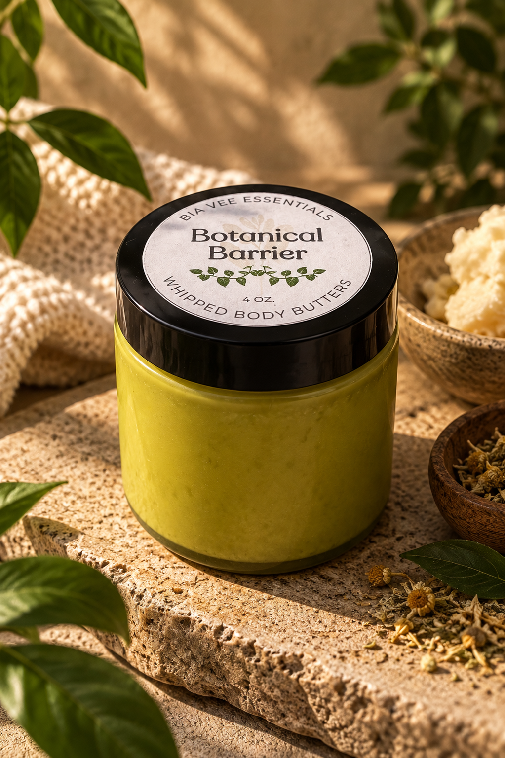 Bia Vee Essentials Botanical Barrier Whipped Body Butter in green glass jar