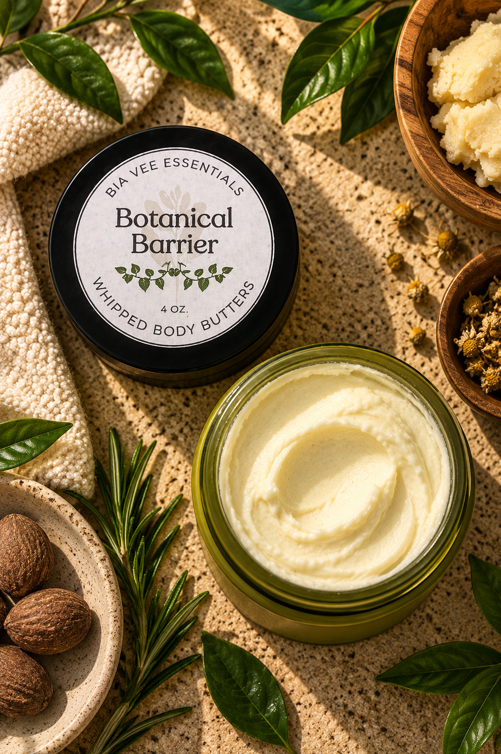 Open jar of Bia Vee Essentials Botanical Barrier Whipped Body Butter showing creamy texture
