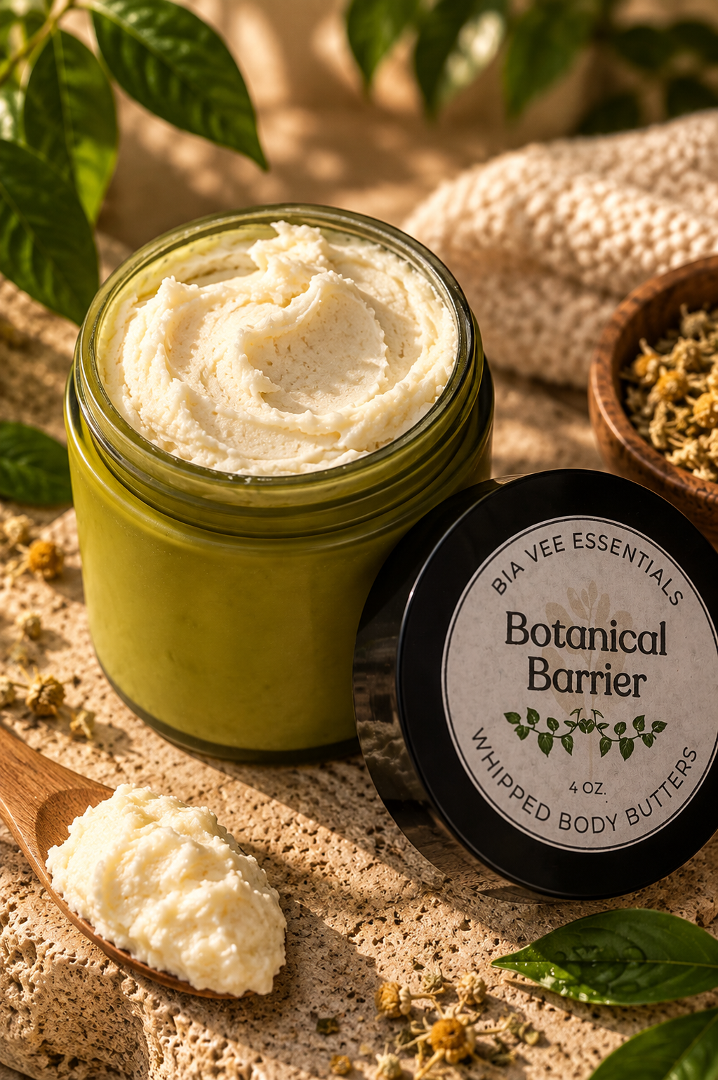 Bia Vee Essentials Botanical Barrier Whipped Body Butter in an earthy botanical skincare setting