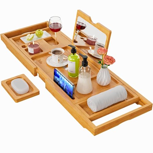 Luxury Bathtub Tray Caddy | Expandable Bath Tray with Mirror | Unique Gifts - Bamboo