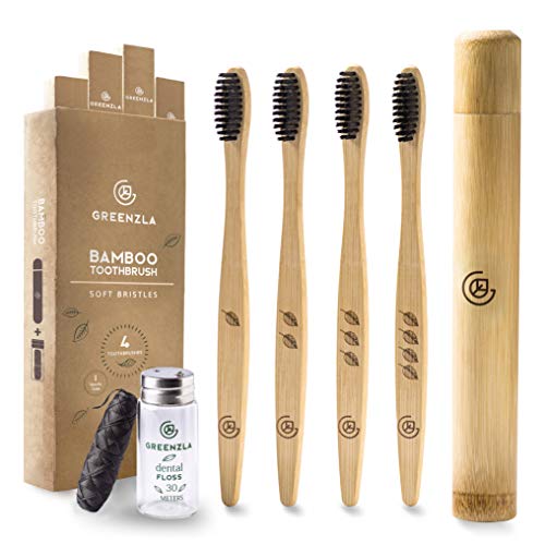 Bamboo Toothbrush 4 Pack with Travel Case & Charcoal Dental Floss | BPA Free Soft Bristles | Eco-Friendly, Natural Bamboo Toothbrush Set | Biodegradable & Compostable Wooden Toothbrushes