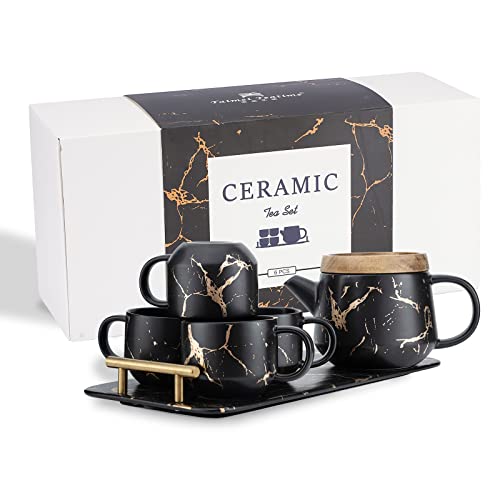 Ceramic Modern Tea Set | 25oz Teapot Set with Infuser and Tray | Luxury Adult Tea Set with Marble Design | Tea Gift Set for Women and Men