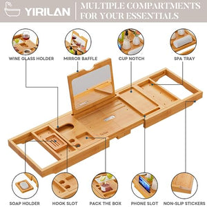 Luxury Bathtub Tray Caddy | Expandable Bath Tray with Mirror | Unique Gifts - Bamboo